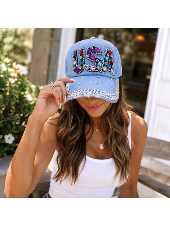 USA Dopamine Rhinestone Baseball Cap Denim Patriotic Glam Hat America 250 Festiv